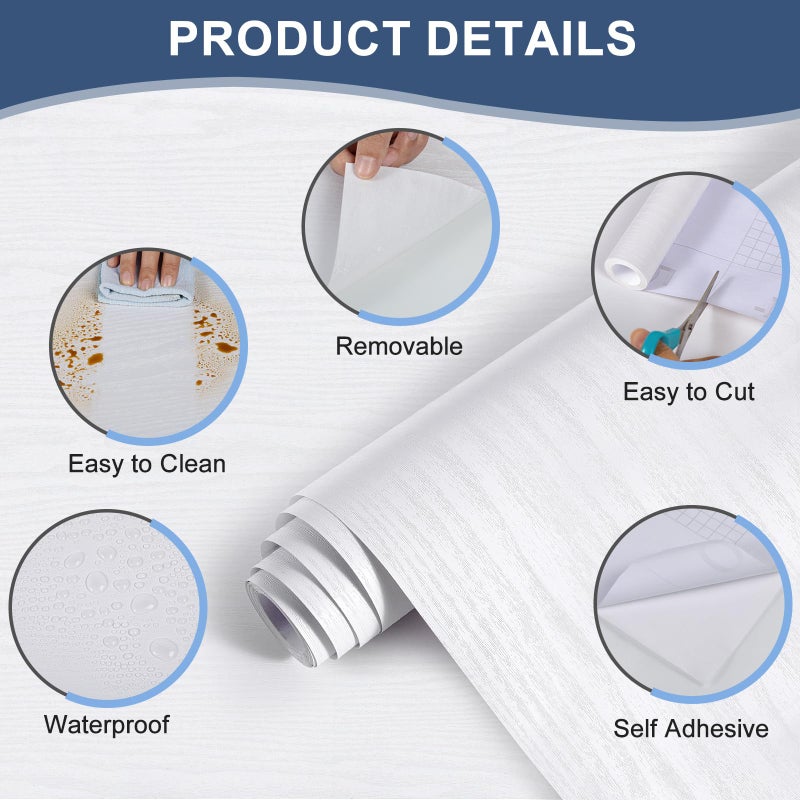 Abyssaly White Contact Paper 23.6" X 118" - Wood Peel and Stick Wallpaper Vinyl Film Thicken - Wood Grain Wallpaper Suitable for Furniture and Wall Decoration Cabinets, Desk, Countertops Easy to Clean - Image 2